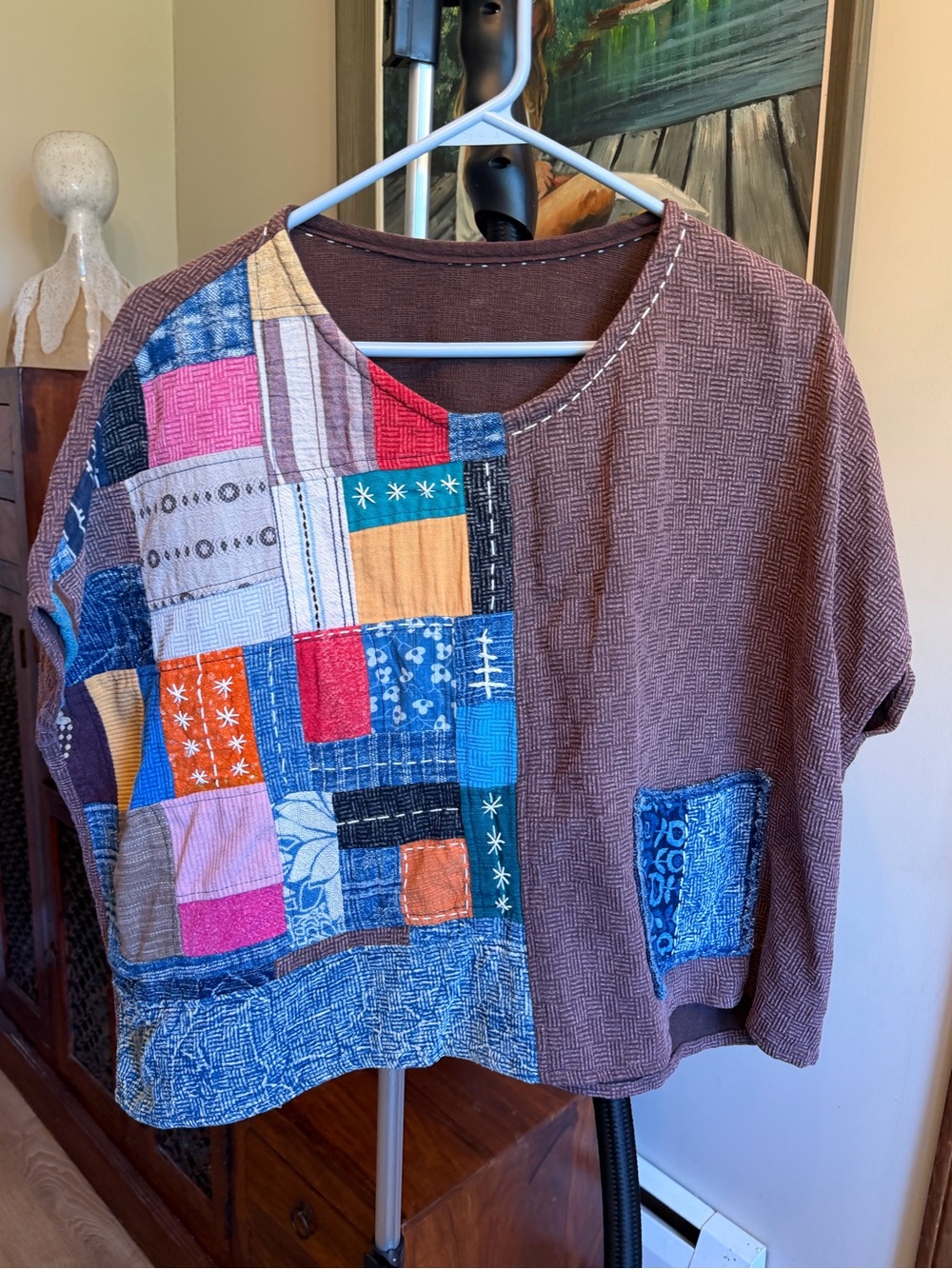 Patchwork Boho Short Sleeve Top in Brown and Multicolor
